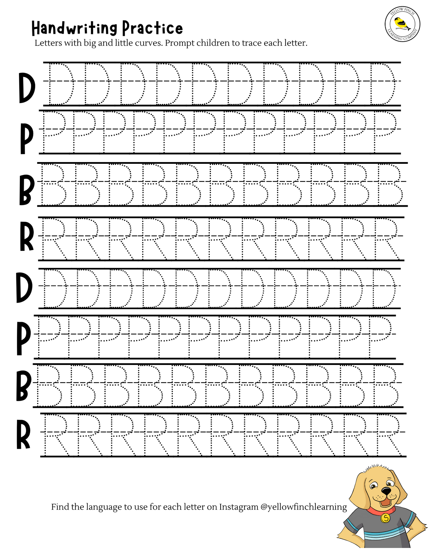 Handwriting Practice Little and Big Curves FREE DOWNLOAD Yellow Finch