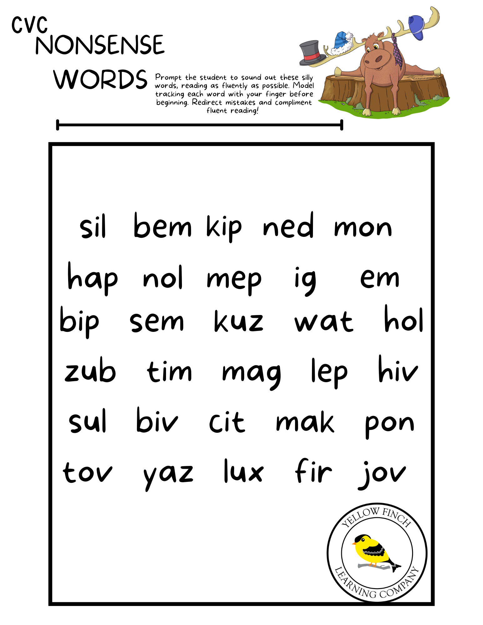 Nonsense Words CVC FREE DOWNLOAD Yellow Finch Learning