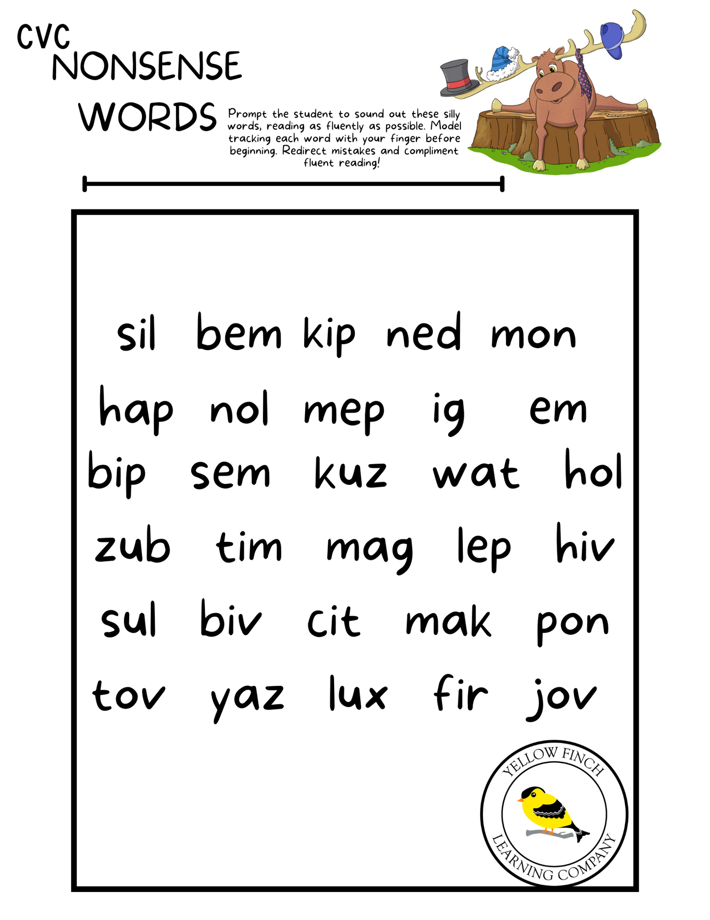 cvc nonsense words list pdf